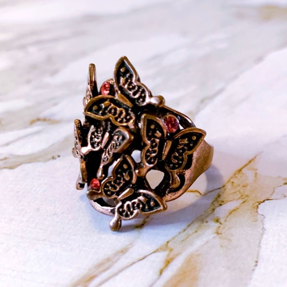 3 For 30 💥 Butterfly Ring Rose Gold w‎ Pink Rhinestone Rustic Brass Boho Small